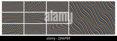 Sfondo ondulato punteggiato con illusione ottica. Schema puntini polka astratto. illustrazione vettoriale 3d. Illustrazione Vettoriale