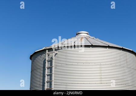 Sistema di stoccaggio del serbatoio granella in azienda agricola. Concetto di sicurezza, manutenzione e riparazione delle attrezzature agricole e agricole Foto Stock