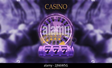 Casino jackpot e slot machine, carte da gioco, rendering 3D, neon viola Foto Stock