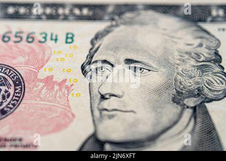 Ritratto di Alexander Hamilton su un primo piano del conto di dieci dollari. Foto Stock