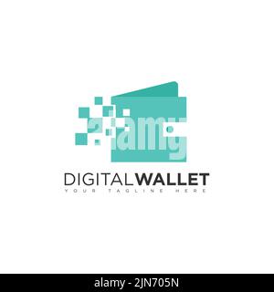 Modello con logo digitale a portafoglio con effetto pixel. Immagine vettoriale del logo Digital e Wallet criptato Cryptocurrency Illustrazione Vettoriale