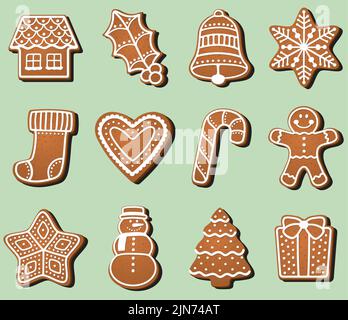 Un'illustrazione vettoriale di un gruppo di biscotti di pan di zenzero glassato di Natale in varie forme dell'icona di festa. Illustrazione Vettoriale