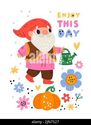 Grazioso gnomes del giardino poster. Nana favolosa e divertente. Cartone fantasy carattere innaffiatura zucca e piante di fiori. Fiabesco uomo con berretto rosso Illustrazione Vettoriale