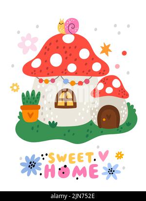 Grazioso gnomes del giardino poster. Casa di funghi cartoni animati. Magico edificio agarico con finestra e porta. Tetto Amanita. Casa dolce. Fiaba cottage. Fantasia Illustrazione Vettoriale