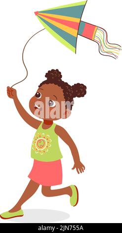 Ragazza felice che corre con aquilone. Gioco dei bambini dei cartoni animati Illustrazione Vettoriale