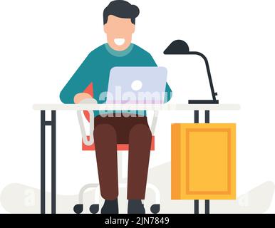 Uomo seduto alla scrivania e al lavoro sul computer portatile. Freelance che lavora Illustrazione Vettoriale