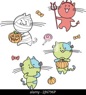 Set di gatti in costume carino halloween vettore vestiti con costume diavolo e costumi mostri. Cute mascotte di cartone animato di Halloween. Illustrazione Vettoriale