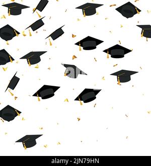 Graduazione. Sfondo trasparente con realistiche calotte volanti di grado nero, palloncini e diplomi. Scuola di immagine vettoriale e educazione universitaria Illustrazione Vettoriale