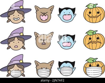 Set di personaggi di Halloween affronta facce vettoriali con diverse espressioni di strega, lupo mannaro, vampiro e Jack o'Lantern set. Illustrazione Vettoriale