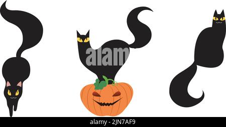Set di tre gatti neri halloween vettore gatto strega spooky con occhi malvagi. Illustrazione Vettoriale