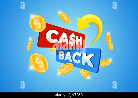 Concetto di banner del programma fedeltà Cashback. Servizio di rimborso dopo l'acquisto segno promozionale con monete d'oro restituite. Denaro o bonus rimborso pubblicità. Illustrazione eps vettore etichetta di pagamento finanziaria Illustrazione Vettoriale