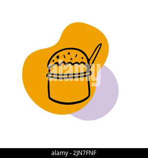 Linea gelato a base di sundae. Sundae con macchie arancioni e viola su sfondo bianco. Carino gelato doodles. Illustrazione vettoriale disegnata a mano. Illustrazione Vettoriale