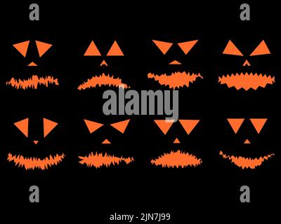 Set di volti spaventosi di Halloween. Carve faccia di zucca spaventosa. Design festivo di Halloween per poster, striscioni e biglietti d'auguri. Illustrazione vettoriale Illustrazione Vettoriale