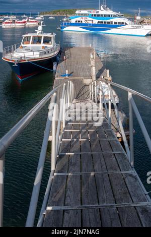 Una rampa di legno con binari in ferro conduce a un molo al largo di Bar Harbor Maine, con barche turistiche, da diporto e aragoste nella baia di Frenchman. USA. Foto Stock