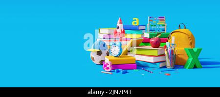 Concetto di ritorno a scuola su sfondo blu. Libri e matite colorate con abacus 3D Render 3D Illustrazione Foto Stock