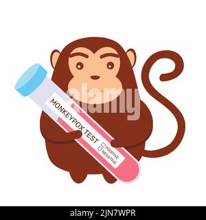 Scimmia cartoon contenente provetta con sangue per il test del virus Monkeypox. Epidemia di varicella scimmia. Illustrazione vettoriale in stile piatto. Illustrazione Vettoriale