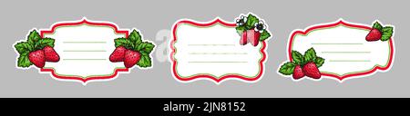 Etichette retro fragola con foglie realistiche di fiori di bacche disegnate a mano. Mercato degli agricoltori badge per la frutta biologica pacchetto di prodotti in scatola di marmellata vaso, scatola di marmellata, mercato degli agricoltori, succo fresco etichetta etichetta Illustrazione Vettoriale
