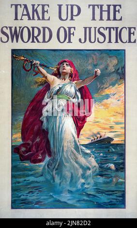 Prendi la spada della giustizia (1915) che affonda la Lusitania. Poster dell'era della prima guerra mondiale di Bernard Patrimge Foto Stock