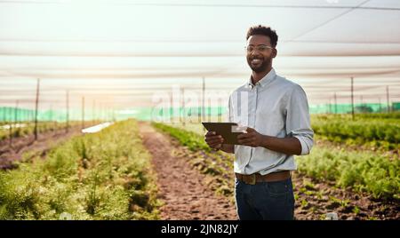 Agricoltore moderno che lavora su un tablet in un'azienda agricola e controlla i progressi della crescita delle piante con un'applicazione online o un software di gestione dell'agricoltura. Uomo d'affari Foto Stock