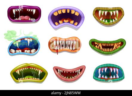 Spaventoso e creepy drool mostro grin mascelle e bocche. Il vettore sorride, denti e lingue. Cartoon orrore volti di Halloween demone, diavolo, bestia aliena o vampiro con labbra sanguinose, cattivo odore, lime Illustrazione Vettoriale