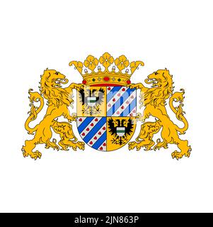 Stemma olandese, stemma araldico della provincia di Groningen o araldica, simbolo vettoriale olandese. Provincia Olanda Groningen stemma, blazon ufficiale araldico con leoni e aquile sullo scudo Illustrazione Vettoriale