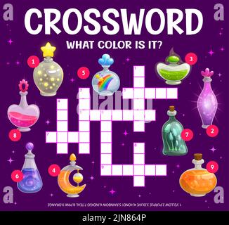 Trova un colore di bottiglie pozione magica. Foglio di lavoro griglia a parole incrociate. Trova un gioco a quiz di parole. Cartoon vettore gioco da tavolo con palloni di vetro riempito con elisir strega. Puzzle per bambini per l'istruzione e l'apprendimento Illustrazione Vettoriale