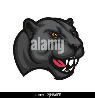 Arrabbiato pantera nera leopard cartoon animale mascotte. Testa di gatto selvatico ruggente. Sport squadra nera pantera mascotte personaggio, jaguar o leopardo selvaggio gatto animale mammifero testa vettoriale Illustrazione Vettoriale