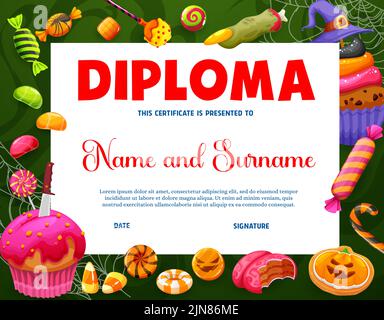 Diploma per bambini di Halloween, dolci per le feste, caramelle e cornice di sfondo in ciottoli. Vector certificato o riconoscimento con cartoon trucco o trattare lecca, torte, dita strega, diploma orizzontale Illustrazione Vettoriale