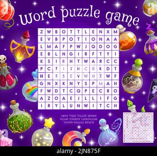 Magia pozione bottiglie parola ricerca puzzle gioco foglio di lavoro. Vector witchcraft parola labirinto, indovinello o griglia puzzle gioco con cartoni animati bottiglie di pozione strega, elisir fata, magia ed essenza Illustrazione Vettoriale