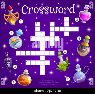 Bottiglie di pozione magica sul foglio di lavoro della griglia di cruciverba. Trova un gioco di quiz di parole, indovinello educativo bambini asilo, attività di gioco logica bambini o pagina vettoriale gioco intellettuale bambini prescolare Illustrazione Vettoriale