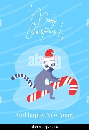 Lemur divertente in cappello di natale sul biglietto di auguri di canna caramella Illustrazione Vettoriale