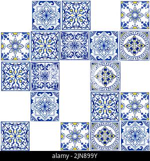 Acquerello disegnato a mano senza cuciture con piastrelle tradizionali in ceramica blu bianco azulejo portoghese. Etnico portogallo geomentrico indaco parete ornamento ripetuto. Sfondo ornamentale arabo Foto Stock