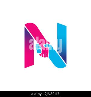 Logo handshake isolato sulla lettera N alfabeto. Collaborazione commerciale e logo di Unione. Illustrazione Vettoriale