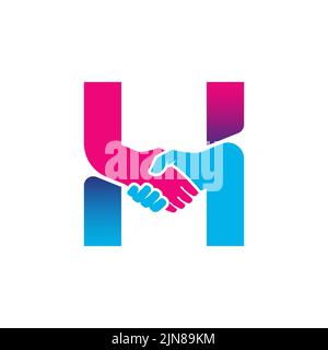 Logo handshake isolato sulla lettera H alfabeto. Collaborazione commerciale e logo di Unione. Illustrazione Vettoriale
