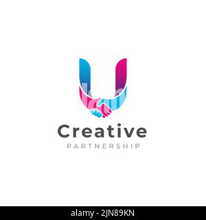 Logo handshake isolato sulla lettera U alfabeto. Collaborazione commerciale e logo di Unione. Illustrazione Vettoriale