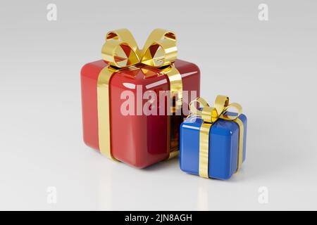 Scatole regalo di Natale rosso e blu con nastri d'oro 3D rendono. Foto Stock