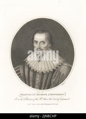 Francis Seymour, 1st Barone Seymour di Trowbridge, c.. 1590-1664. Politico inglese e Royalista, nominato cavaliere da re Carlo i e successivamente consigliere privato di Carlo II dopo la Restaurazione. Francesco, 1st Signore Seymour di Throwbridge. Barba in van Dyke, colletto in pizzo alto, doppietto a righe. Dal dipinto di William Larkin a Petworth House. Incisione copperplate di Platt dal Gabinetto britannico di John Adolphus, contenente ritratti di personaggi illustri, stampato da T. Bensley per E. Harding, 98 Pall Mall, Londra, 1799. Foto Stock