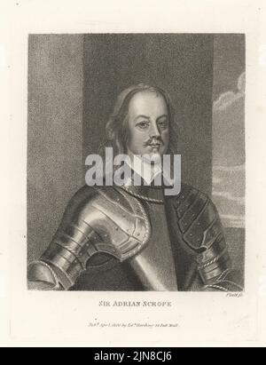 Colonnello Adrian Scrope, soldato parlamentare durante la guerra civile inglese e firmatario del mandato di morte per re Carlo i nel gennaio 1649. Sir Adrian Scrope. In colletto liscio e tuta di armatura in piastra. Incisione copperplate di Platt dal Gabinetto britannico di John Adolphus, contenente ritratti di personaggi illustri, stampato da T. Bensley per E. Harding, 98 Pall Mall, Londra, 1799. Foto Stock