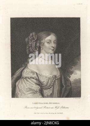 Rachel, Lady Russell, noblewoman inglese, erede, e autore c.. 1636-1723, il suo secondo marito William, Lord Russell, fu coinvolto nel Rye House Plot e giustiziato nel 1683. Con perle nei capelli, abito basso-tagliato. Lady Rachel Russell. Dopo una foto originale a Miss Pelhams. Incisione copperplate di Louis Legoux dal Gabinetto britannico di John Adolphus, contenente ritratti di personaggi illustri, stampato da T. Bensley per E. Harding, 98 Pall Mall, Londra, 1800. Foto Stock