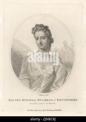 Rachel Russell, Duchessa del Devonshire, 1674-1725. Figlia maggiore di William Russell, Lord Russell e Lady Rachel Wriothesley, cugina del proprietario di Petworth, Lady Elizabeth Percy. Una delle bellezze di Petworth nella collezione di Petworth House, West Sussex. Incisione in copperplate di Edward Harding dopo Michael Dahl del Gabinetto britannico di John Adolphus, contenente ritratti di personaggi illustri, stampato da T. Bensley per E. Harding, 98 Pall Mall, Londra, 1800. Foto Stock