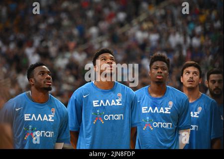 Atene, Grecia. 09th ago 2022. Gli Antetokunbros durante la partita amichevole tra la Nazionale greca e la Nazionale Spagnola allo Stadio OAKA il 9 agosto 2022 ad Atene, Grecia. Credit: Independent Photo Agency/Alamy Live News Foto Stock