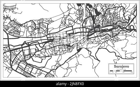 Mappa della città di Sarajevo Bosnia-Erzegovina in bianco e nero in stile retro isolato su bianco. Mappa di contorno. Illustrazione vettoriale. Illustrazione Vettoriale