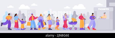 Persone in coda alla biglietteria. Personaggi diversi in attesa in lunga fila per acquistare i biglietti per il cinema o l'autobus. Paesaggio cittadino con gente affollata e controller in chiosco, illustrazione vettoriale piatta Illustrazione Vettoriale