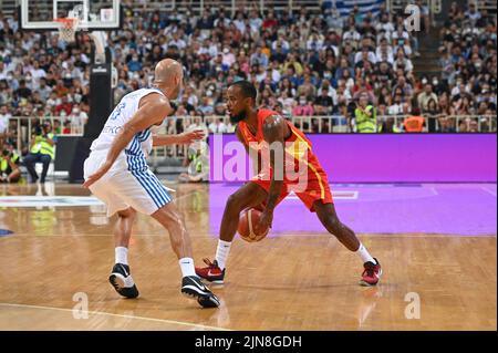 LORENZO BROWN #2 della Spagna Basketball Team reagisce durante l'amichevole incontro tra la Nazionale greca e la Nazionale Spagnola allo stadio OAKA Foto Stock