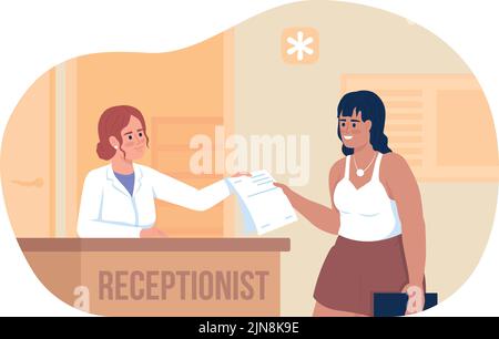 Donna e receptionist ospedale 2D vettore isolato illustrazione Illustrazione Vettoriale