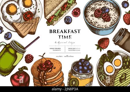 Prima colazione disegno illustrazione a mano. Fondo con panino retrò, pancake, ciotola con avocado, porridge con frutti di bosco, budino chia, uova fritte Illustrazione Vettoriale