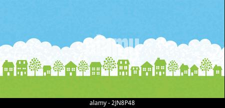 Vettoriale senza interruzioni con Green Field, White Clouds, Blue Sky e Text Space. Ripetibile orizzontalmente. Illustrazione Vettoriale