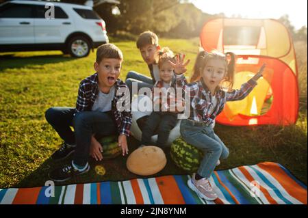 Quattro bambini che trascorrono il tempo insieme. Coperta per picnic all'aperto, seduta con cocomeri. Foto Stock