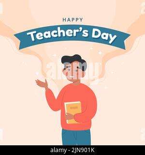 Insegnante di sesso maschile, modello di biglietto di auguri per il giorno felice dell'insegnante. Concetto di scuola e apprendimento. Carino illustrazione vettoriale in stile cartoon piatto Illustrazione Vettoriale