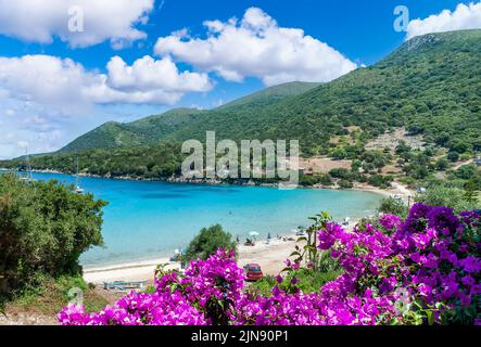 Paesaggio con Paralia Atheras spiaggia a Cefalonia, Ionica isola, Grecia Foto Stock